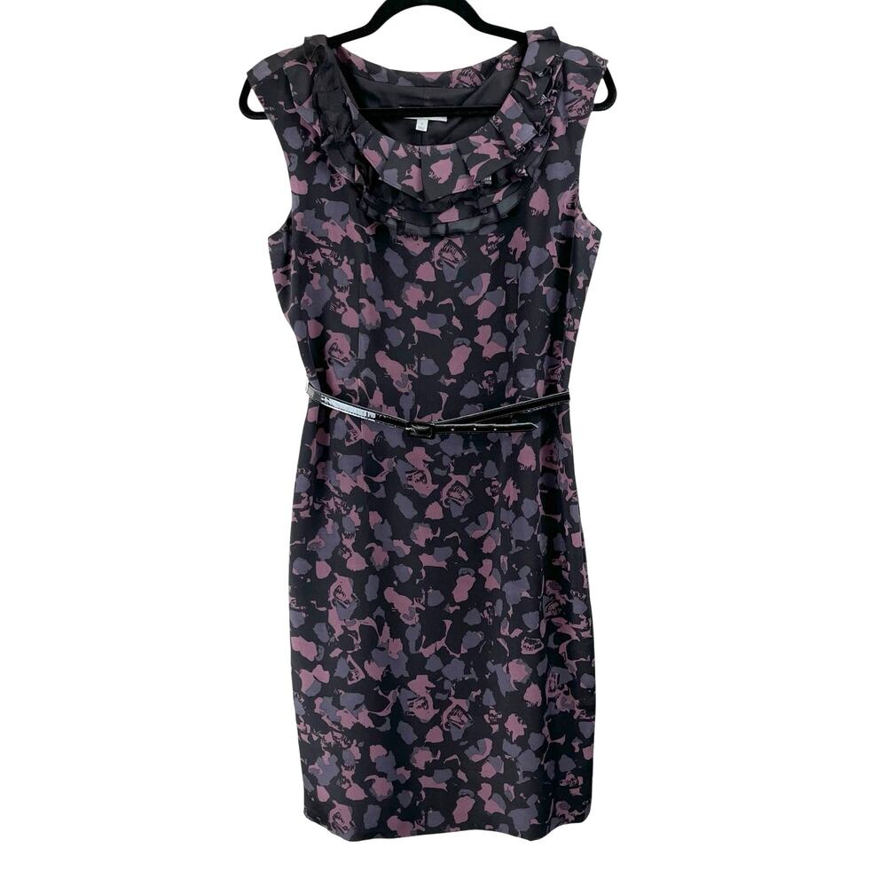 Classiques Entier 100% Silk Belted Sheath Dress Black Purple Abstract Print 8